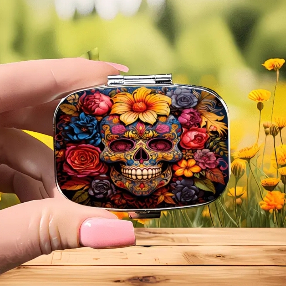 🆕️💊☠️ SUGAR SKULL PORTABLE METAL PILL BOX ORGANIZER WITH MIRROR💊